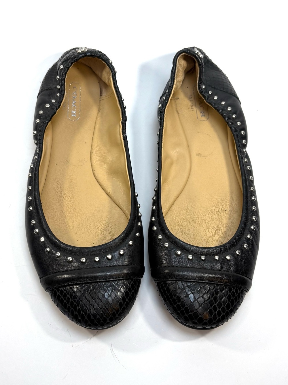 COACH Black Studded Leather Ballet Flats | 7.5